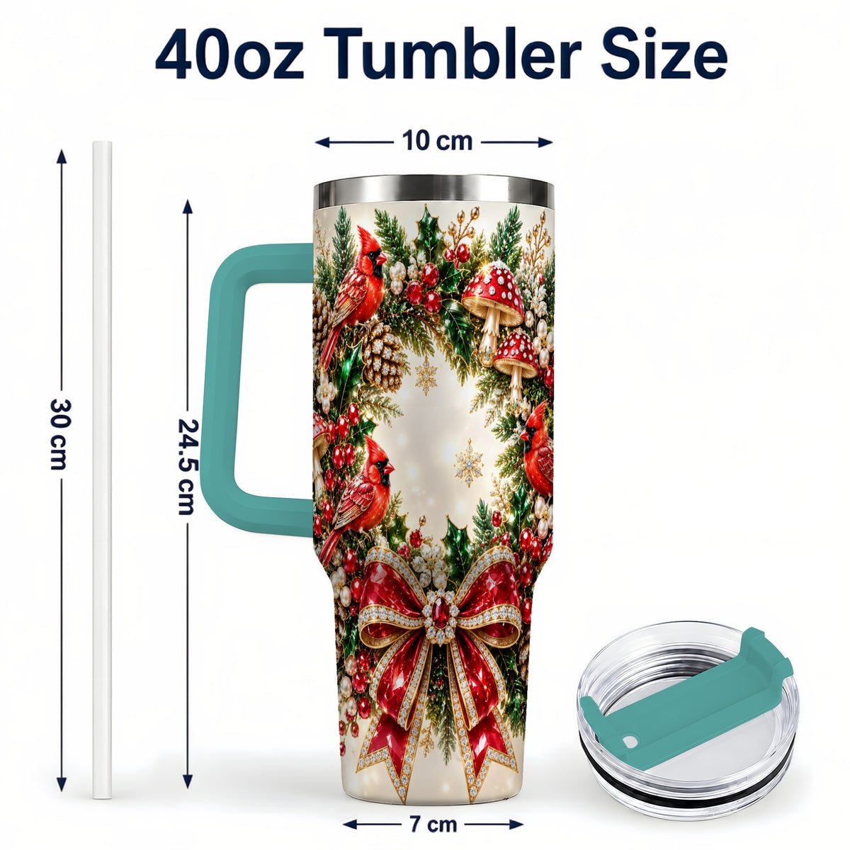 #pl[40oz|Green] Christmas Cardinal Wreath 40oz Tumbler with Handle, Woodland Bird Art