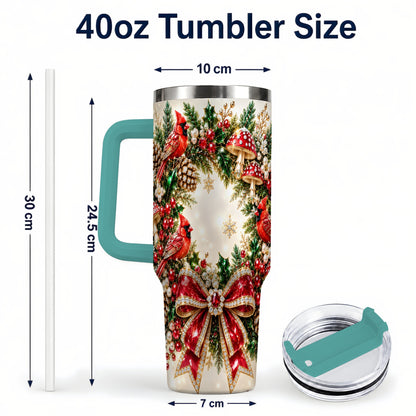 #pl[40oz|Green] Christmas Cardinal Wreath 40oz Tumbler with Handle, Woodland Bird Art