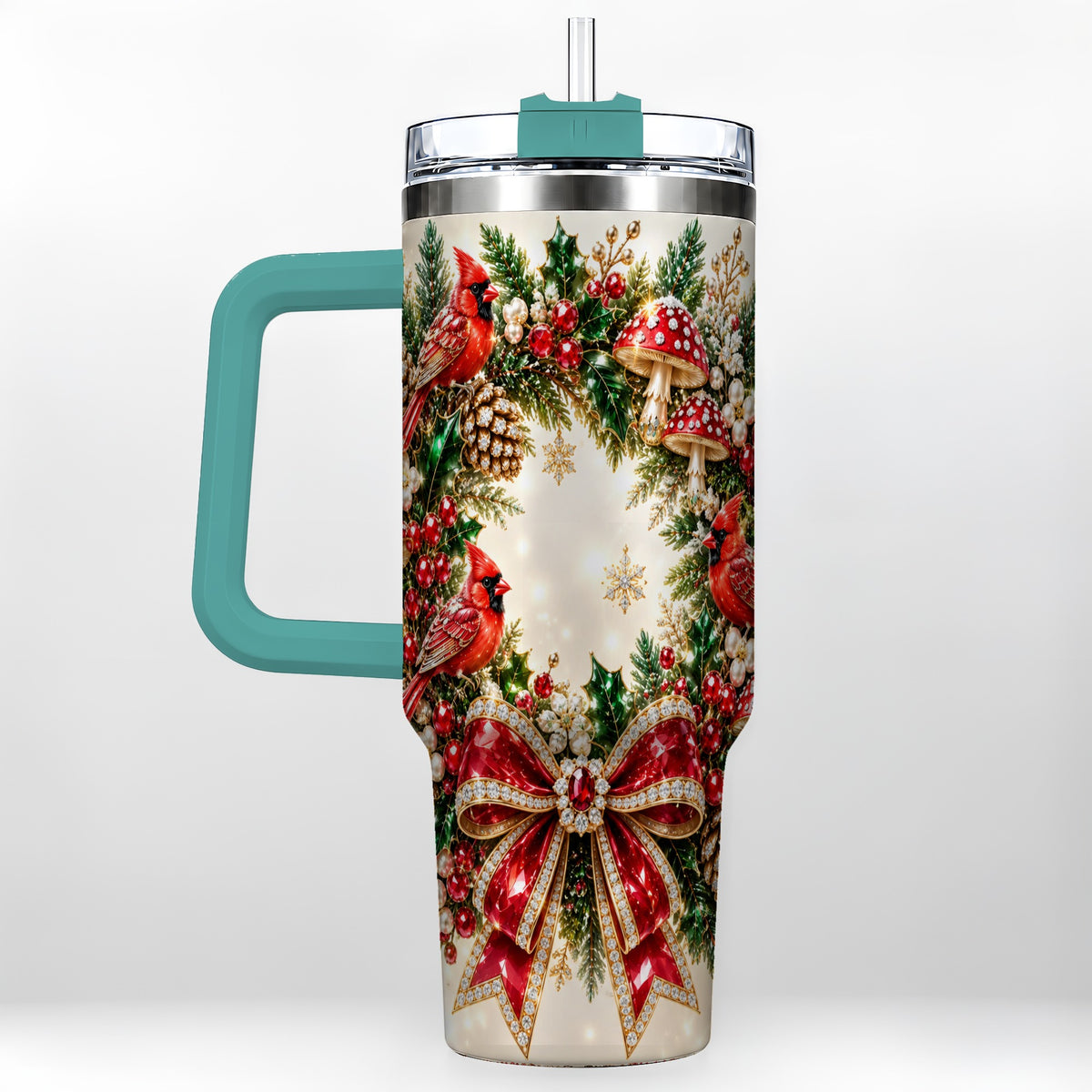 #pl[40oz|Green] Christmas Cardinal Wreath 40oz Tumbler with Handle, Woodland Bird Art