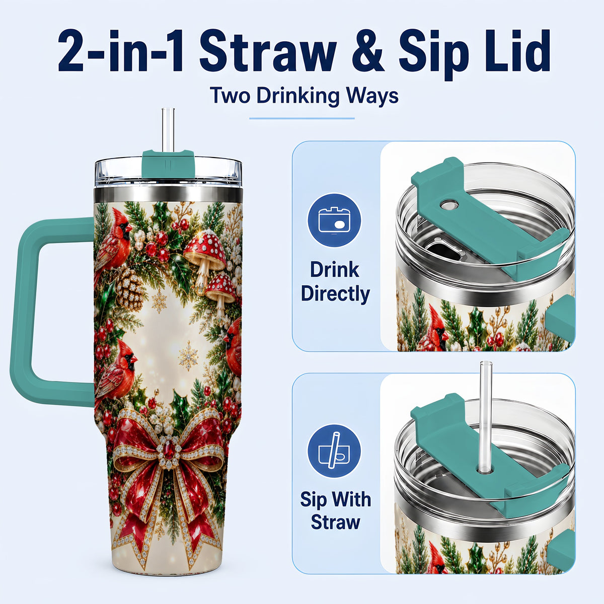 #pl[40oz|Green] Christmas Cardinal Wreath 40oz Tumbler with Handle, Woodland Bird Art