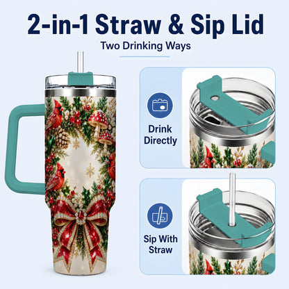 #pl[40oz|Green] Christmas Cardinal Wreath 40oz Tumbler with Handle, Woodland Bird Art