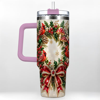 #pl[40oz|Pink] Christmas Cardinal Wreath 40oz Tumbler with Handle, Woodland Bird Art