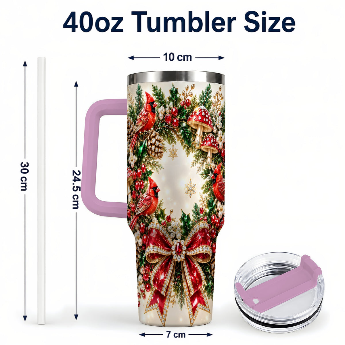 #pl[40oz|Pink] Christmas Cardinal Wreath 40oz Tumbler with Handle, Woodland Bird Art