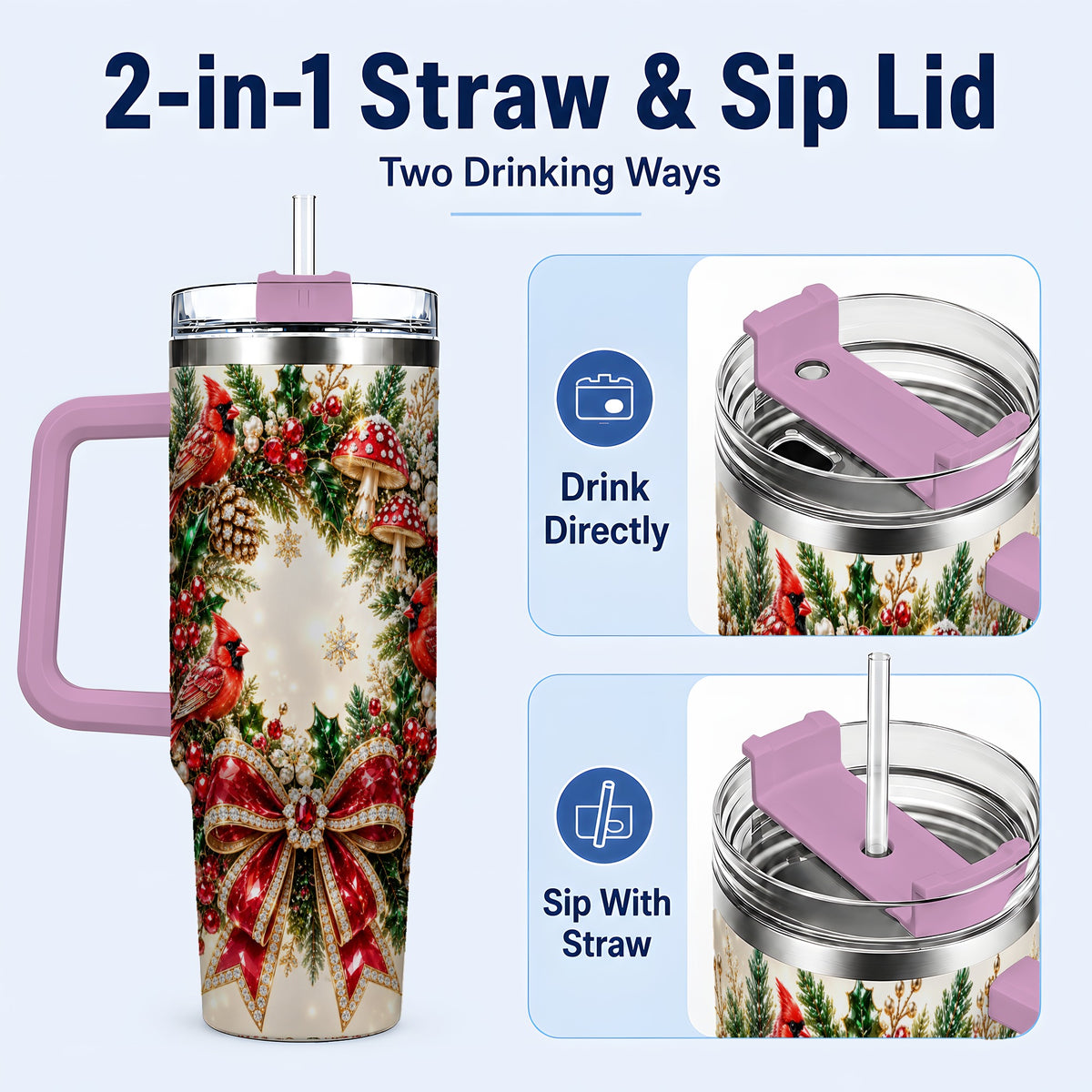 #pl[40oz|Pink] Christmas Cardinal Wreath 40oz Tumbler with Handle, Woodland Bird Art