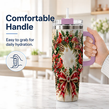 #pl[40oz|Pink] Christmas Cardinal Wreath 40oz Tumbler with Handle, Woodland Bird Art