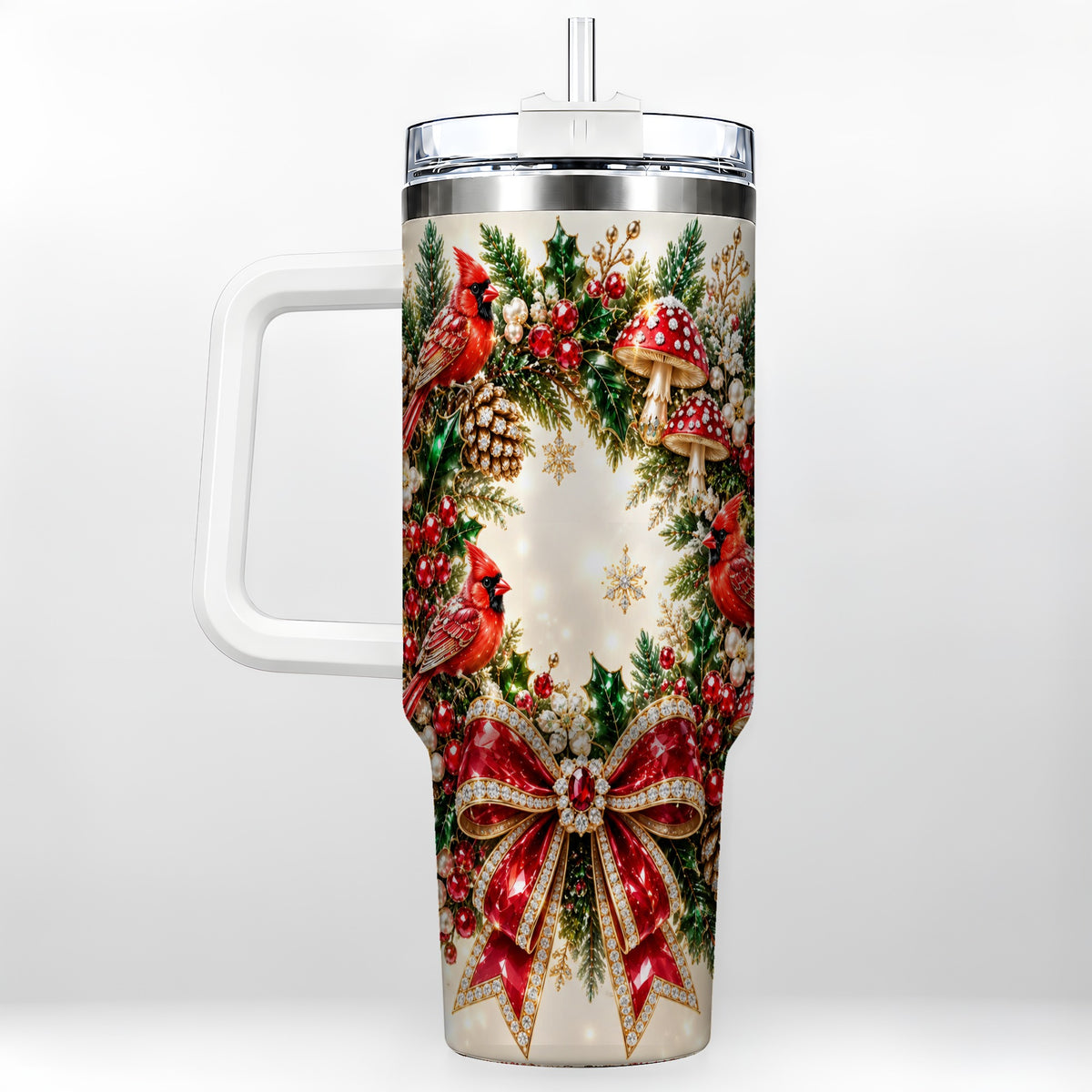 Christmas Cardinal Wreath 40oz Tumbler with Handle, Woodland Bird Art