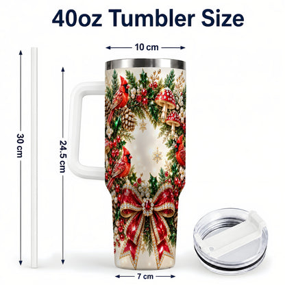 #pl[40oz|White] Christmas Cardinal Wreath 40oz Tumbler with Handle, Woodland Bird Art