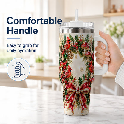 #pl[40oz|White] Christmas Cardinal Wreath 40oz Tumbler with Handle, Woodland Bird Art