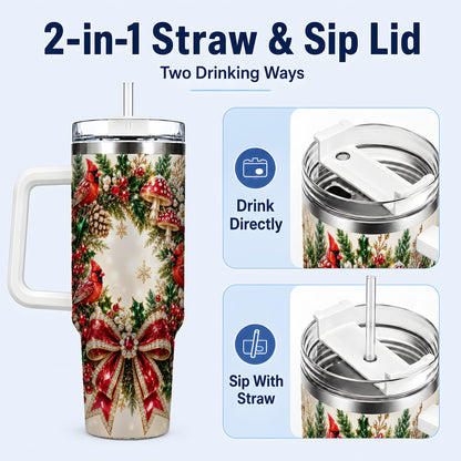 #pl[40oz|White] Christmas Cardinal Wreath 40oz Tumbler with Handle, Woodland Bird Art