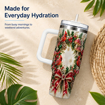 Christmas Cardinal Wreath 40oz Tumbler with Handle, Woodland Bird Art