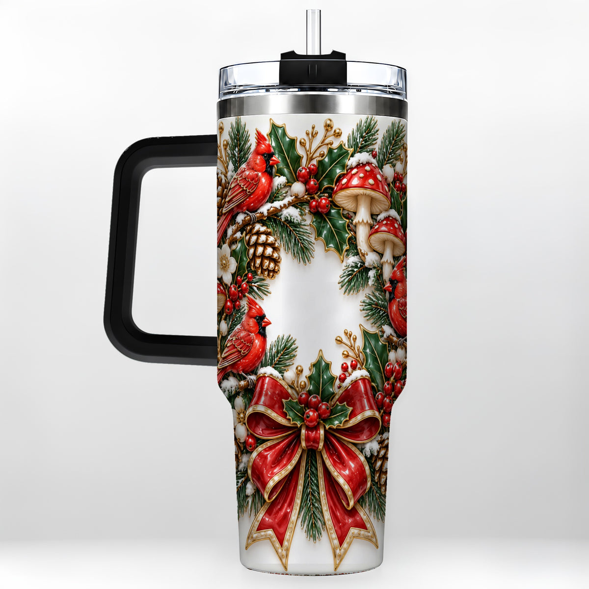 #pl[40oz|Black] Snowy Cardinal Wreath 40oz Tumbler with Handle, Christmas Woodland Art