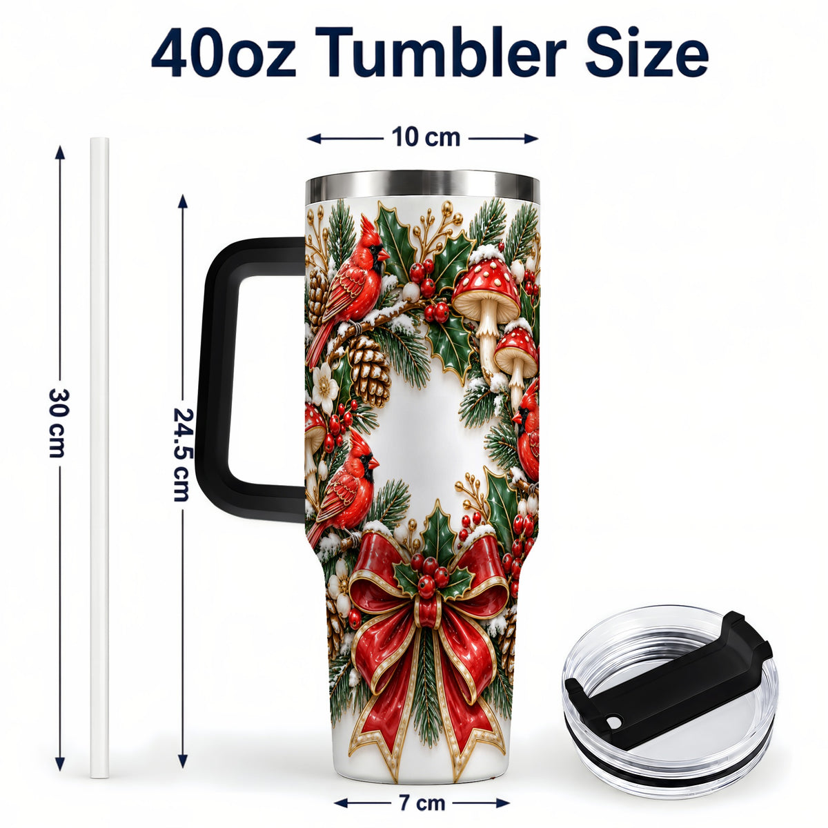 #pl[40oz|Black] Snowy Cardinal Wreath 40oz Tumbler with Handle, Christmas Woodland Art