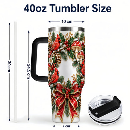 #pl[40oz|Black] Snowy Cardinal Wreath 40oz Tumbler with Handle, Christmas Woodland Art