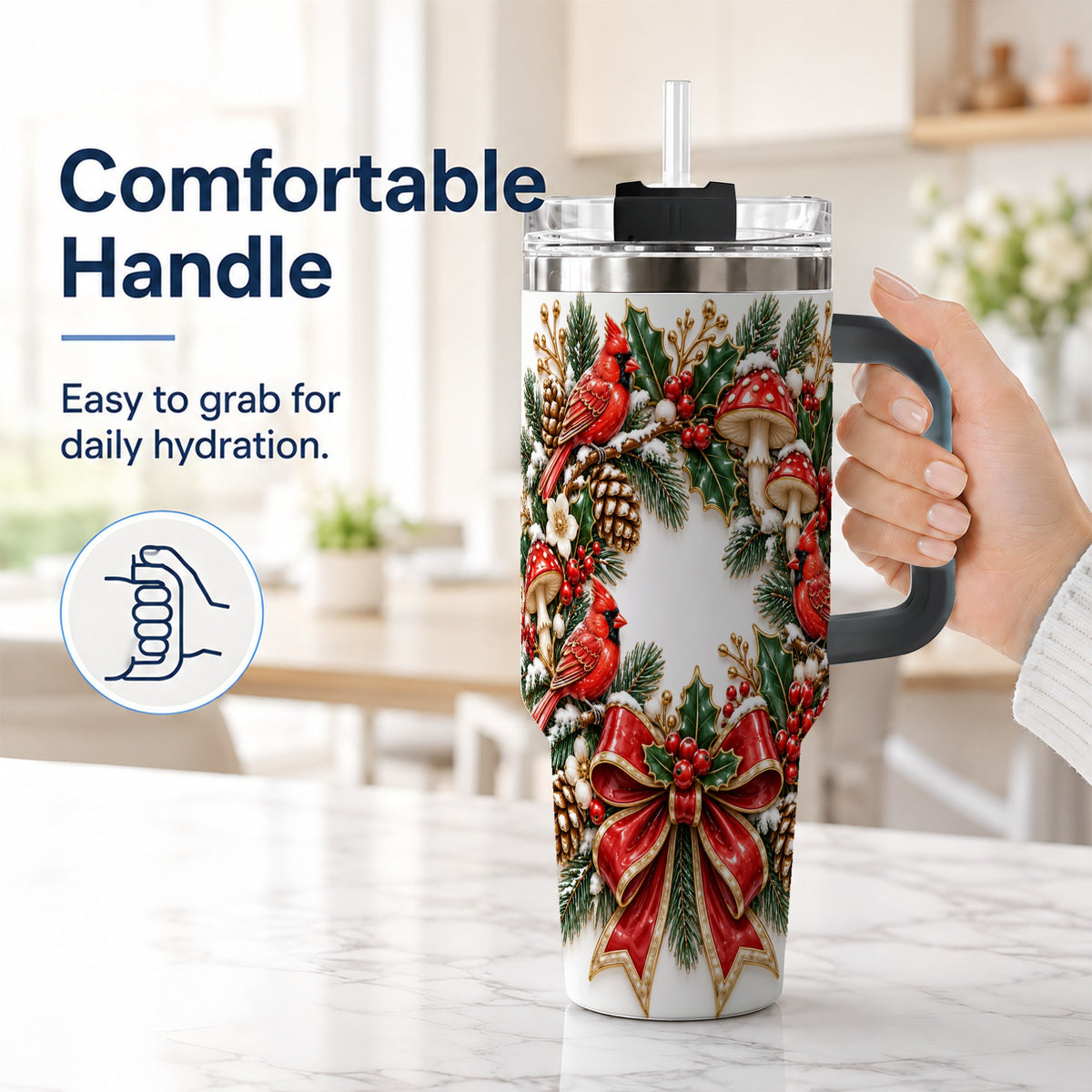 #pl[40oz|Black] Snowy Cardinal Wreath 40oz Tumbler with Handle, Christmas Woodland Art