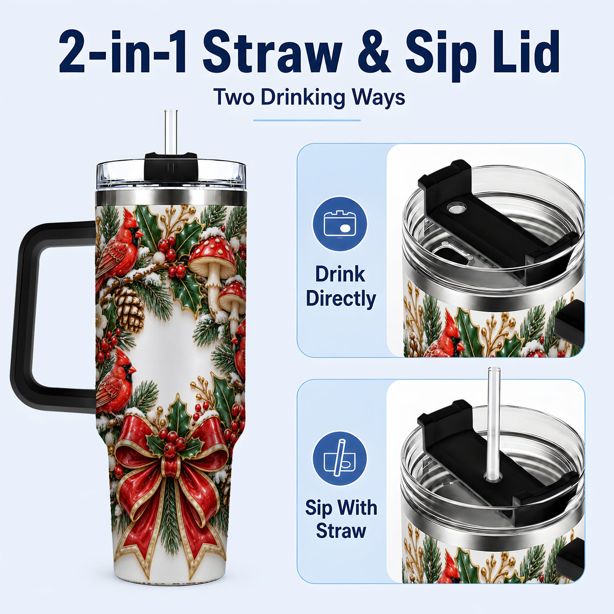 #pl[40oz|Black] Snowy Cardinal Wreath 40oz Tumbler with Handle, Christmas Woodland Art