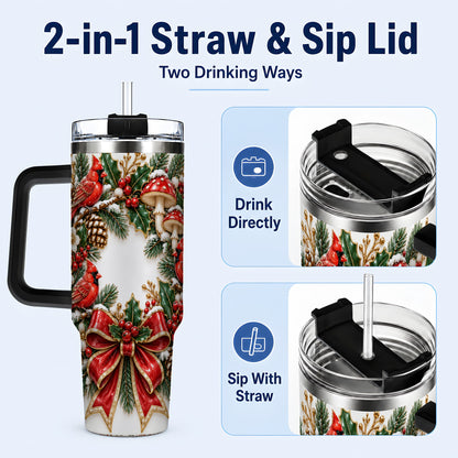 #pl[40oz|Black] Snowy Cardinal Wreath 40oz Tumbler with Handle, Christmas Woodland Art