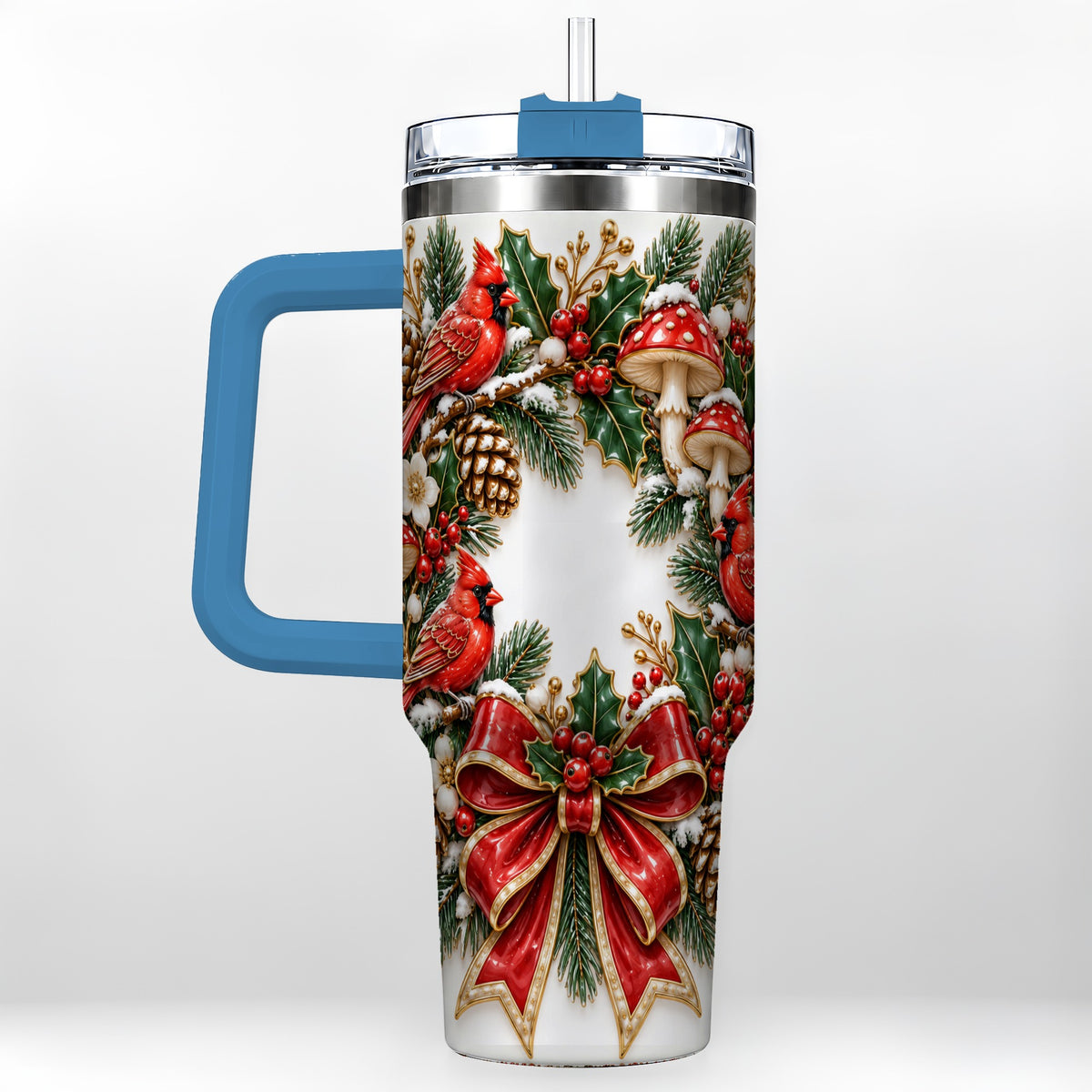 #pl[40oz|Blue] Snowy Cardinal Wreath 40oz Tumbler with Handle, Christmas Woodland Art