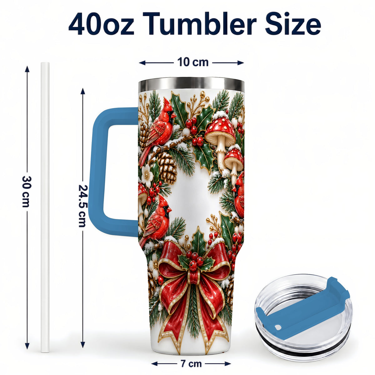 #pl[40oz|Blue] Snowy Cardinal Wreath 40oz Tumbler with Handle, Christmas Woodland Art