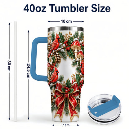 #pl[40oz|Blue] Snowy Cardinal Wreath 40oz Tumbler with Handle, Christmas Woodland Art