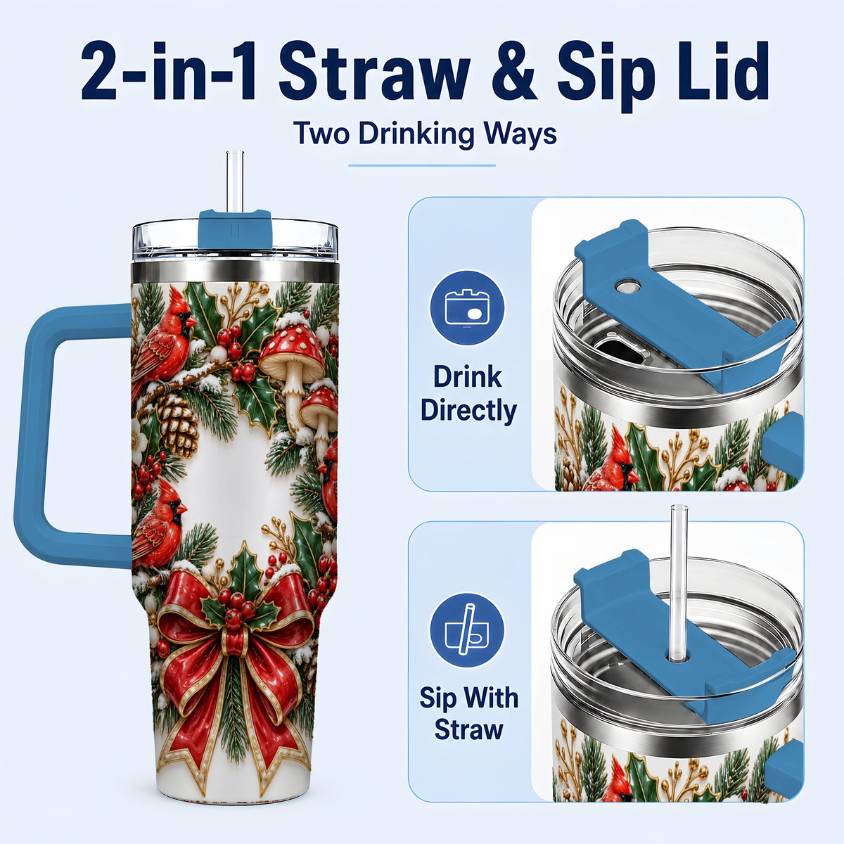 #pl[40oz|Blue] Snowy Cardinal Wreath 40oz Tumbler with Handle, Christmas Woodland Art