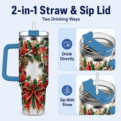 #pl[40oz|Blue] Snowy Cardinal Wreath 40oz Tumbler with Handle, Christmas Woodland Art