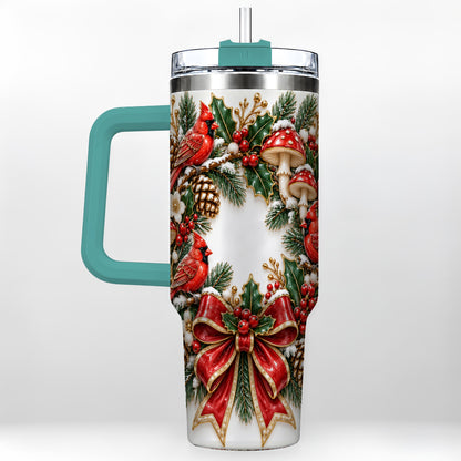 #pl[40oz|Green] Snowy Cardinal Wreath 40oz Tumbler with Handle, Christmas Woodland Art