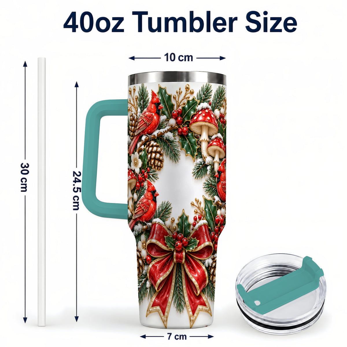 #pl[40oz|Green] Snowy Cardinal Wreath 40oz Tumbler with Handle, Christmas Woodland Art