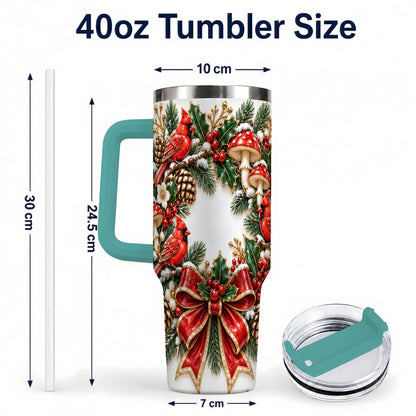 #pl[40oz|Green] Snowy Cardinal Wreath 40oz Tumbler with Handle, Christmas Woodland Art