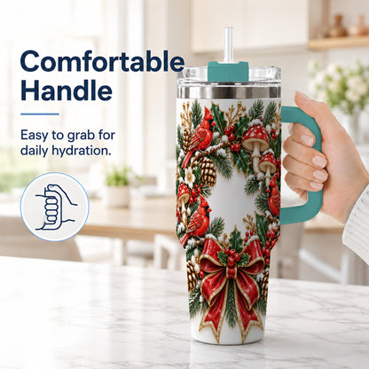 #pl[40oz|Green] Snowy Cardinal Wreath 40oz Tumbler with Handle, Christmas Woodland Art