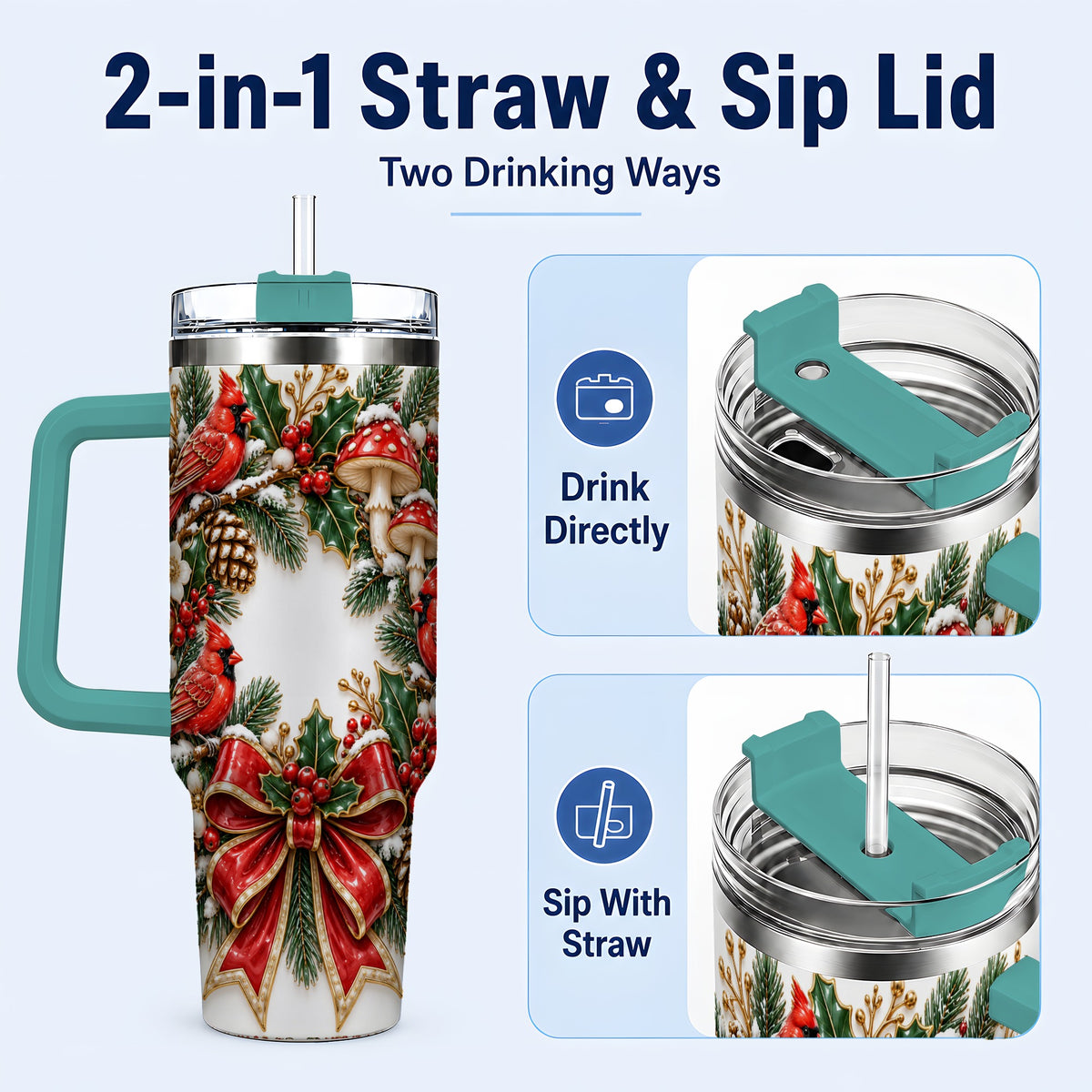 #pl[40oz|Green] Snowy Cardinal Wreath 40oz Tumbler with Handle, Christmas Woodland Art
