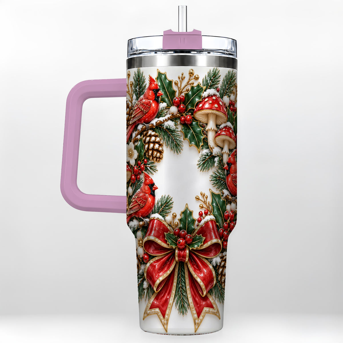 #pl[40oz|Pink] Snowy Cardinal Wreath 40oz Tumbler with Handle, Christmas Woodland Art