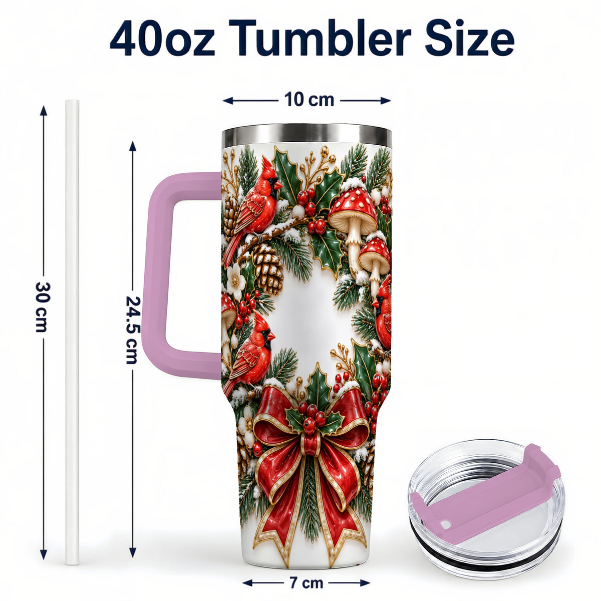 #pl[40oz|Pink] Snowy Cardinal Wreath 40oz Tumbler with Handle, Christmas Woodland Art
