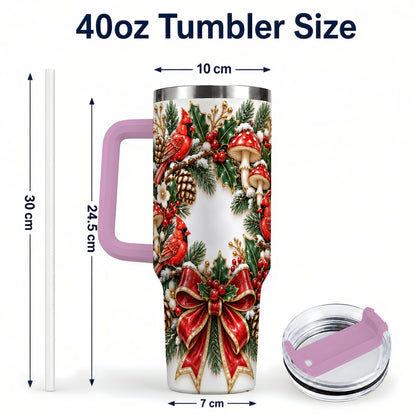 #pl[40oz|Pink] Snowy Cardinal Wreath 40oz Tumbler with Handle, Christmas Woodland Art