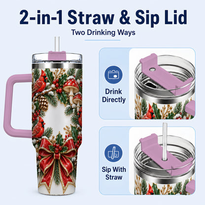 #pl[40oz|Pink] Snowy Cardinal Wreath 40oz Tumbler with Handle, Christmas Woodland Art