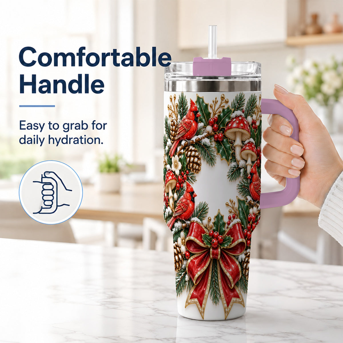 #pl[40oz|Pink] Snowy Cardinal Wreath 40oz Tumbler with Handle, Christmas Woodland Art