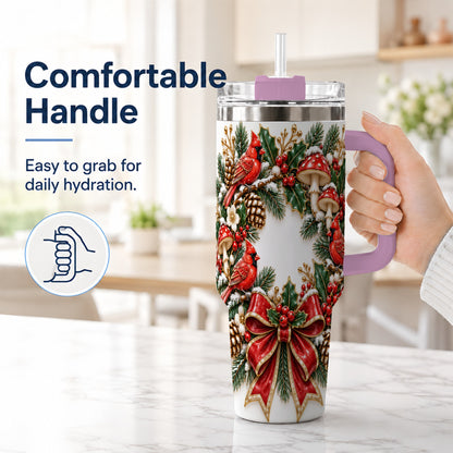 #pl[40oz|Pink] Snowy Cardinal Wreath 40oz Tumbler with Handle, Christmas Woodland Art