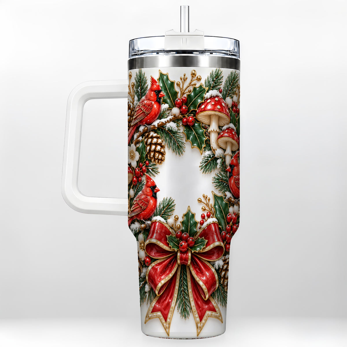 Snowy Cardinal Wreath 40oz Tumbler with Handle, Christmas Woodland Art