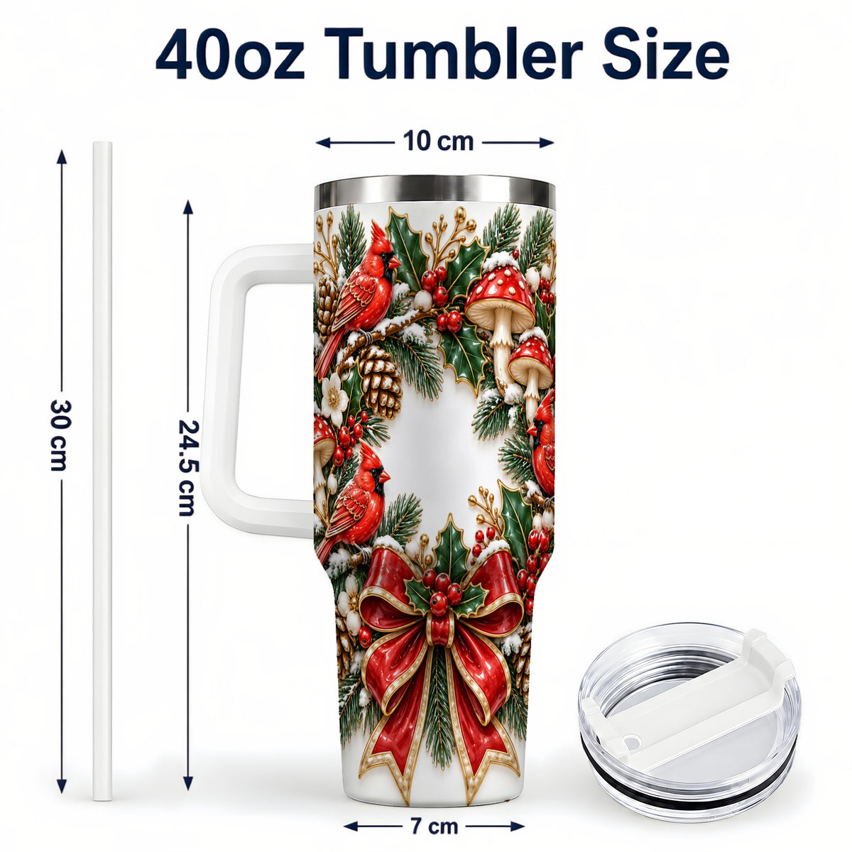 #pl[40oz|White] Snowy Cardinal Wreath 40oz Tumbler with Handle, Christmas Woodland Art