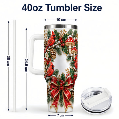 #pl[40oz|White] Snowy Cardinal Wreath 40oz Tumbler with Handle, Christmas Woodland Art