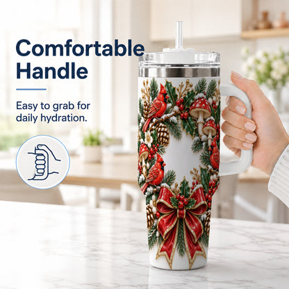 #pl[40oz|White] Snowy Cardinal Wreath 40oz Tumbler with Handle, Christmas Woodland Art