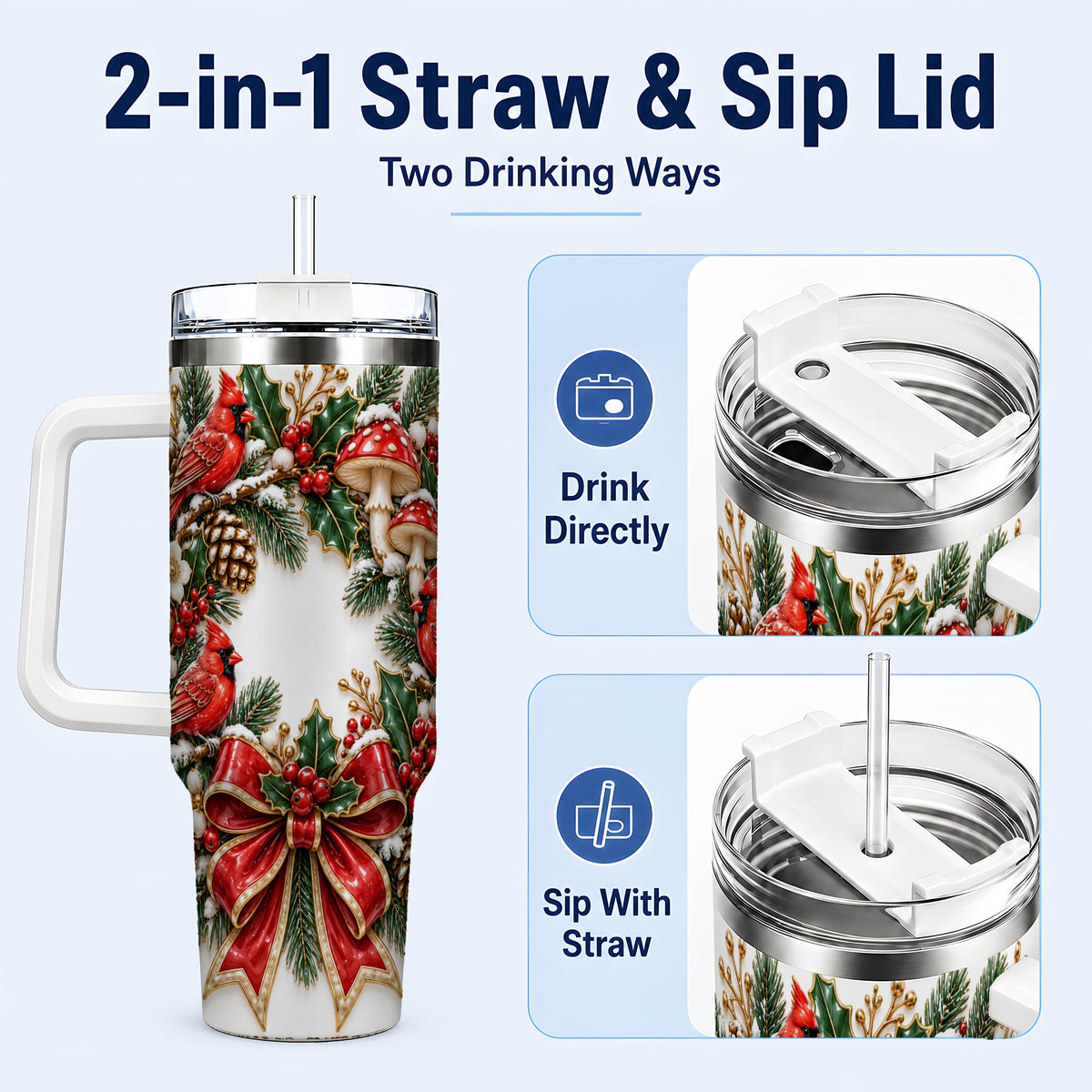 #pl[40oz|White] Snowy Cardinal Wreath 40oz Tumbler with Handle, Christmas Woodland Art