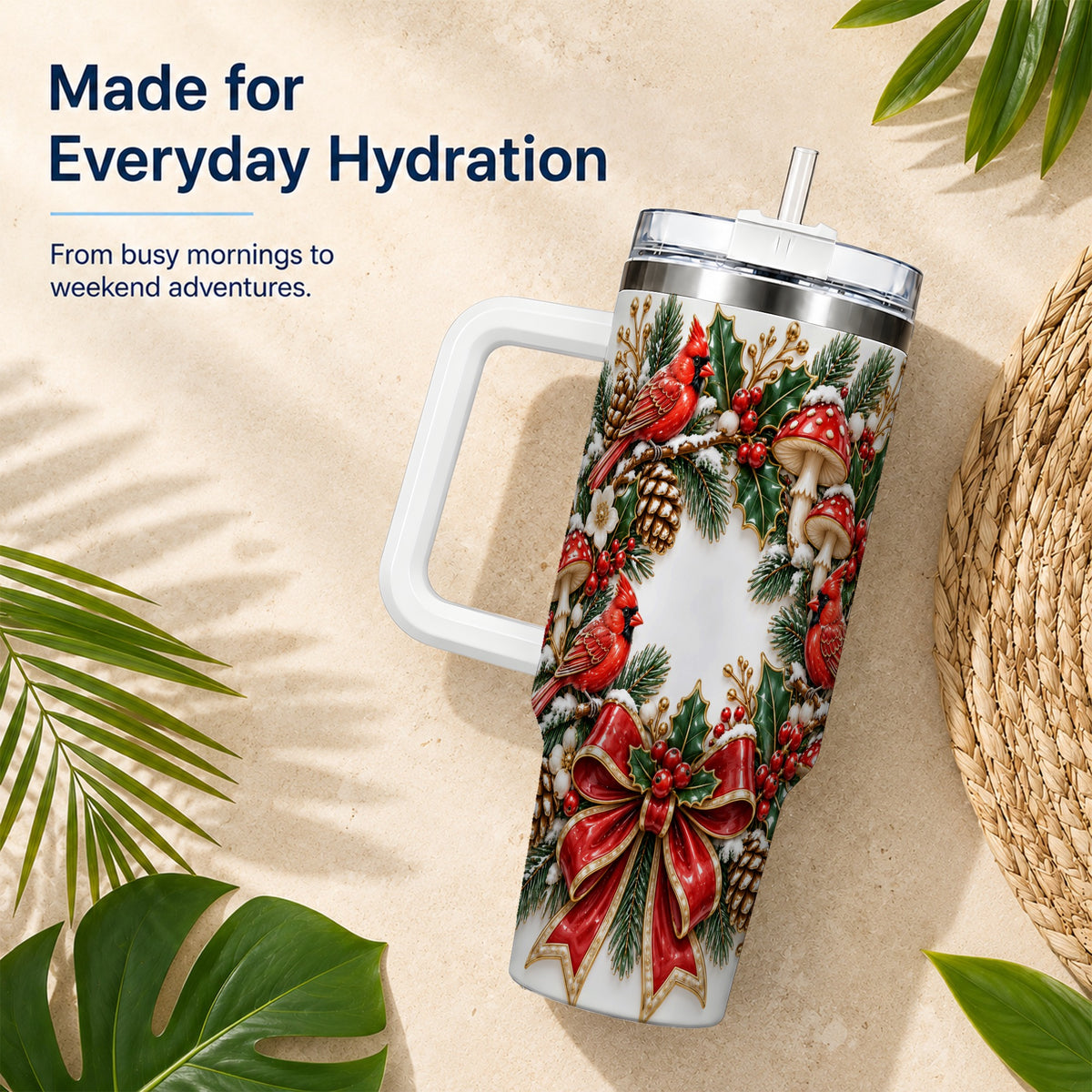 Snowy Cardinal Wreath 40oz Tumbler with Handle, Christmas Woodland Art