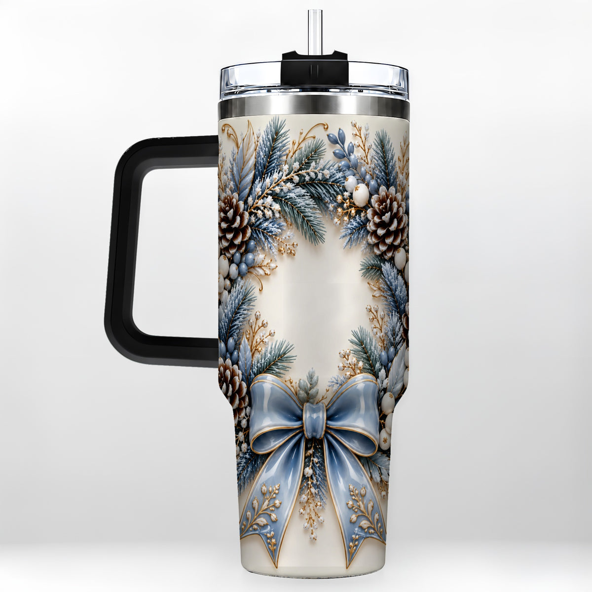 #pl[40oz|Black] Blue Winter Wreath 40oz Tumbler with Handle, Frosted Botanical Art