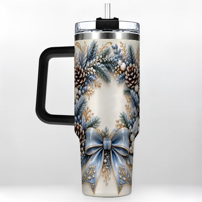 #pl[40oz|Black] Blue Winter Wreath 40oz Tumbler with Handle, Frosted Botanical Art