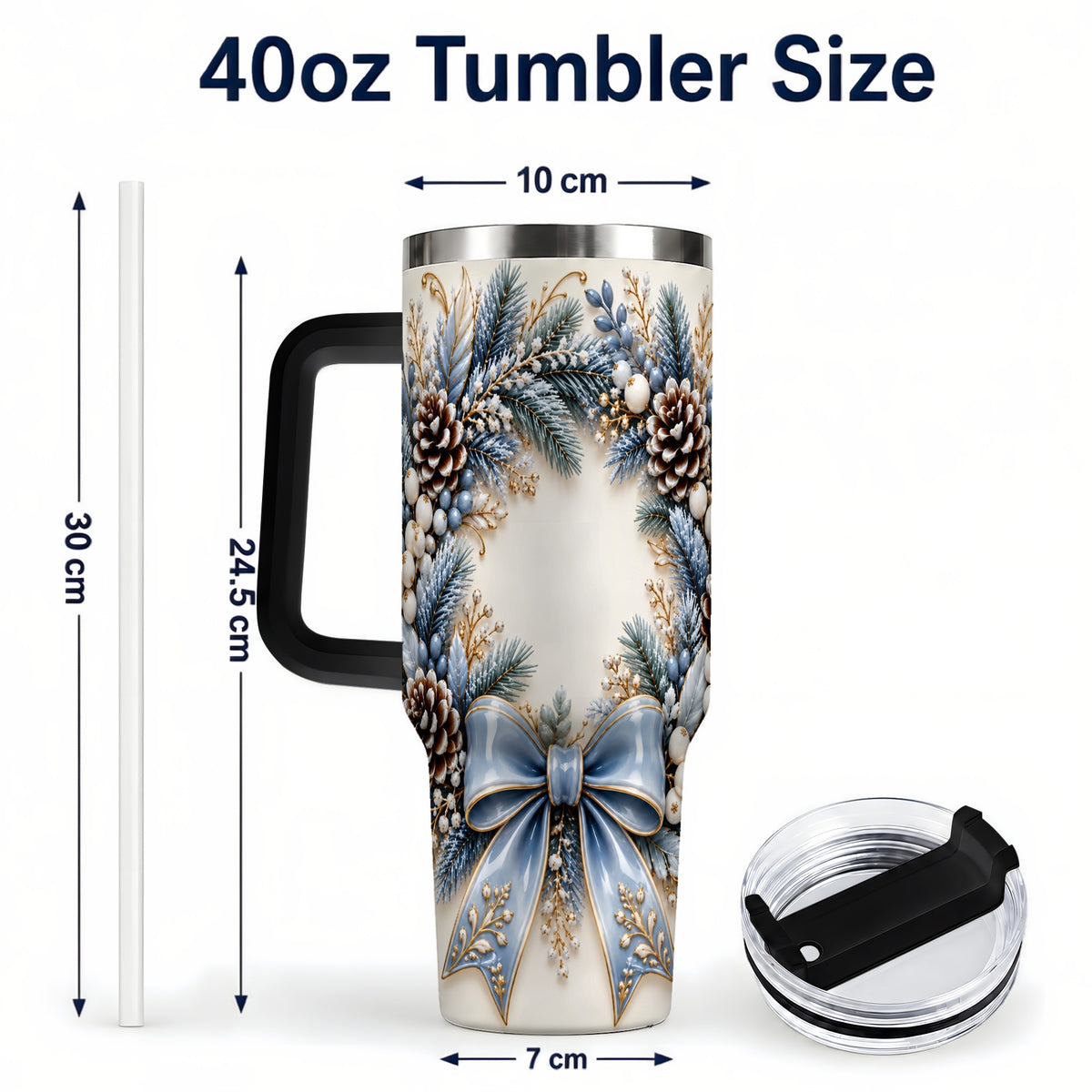 #pl[40oz|Black] Blue Winter Wreath 40oz Tumbler with Handle, Frosted Botanical Art