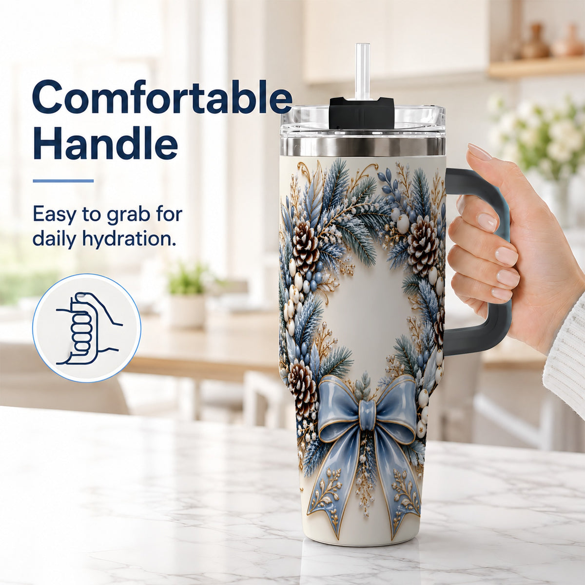 #pl[40oz|Black] Blue Winter Wreath 40oz Tumbler with Handle, Frosted Botanical Art