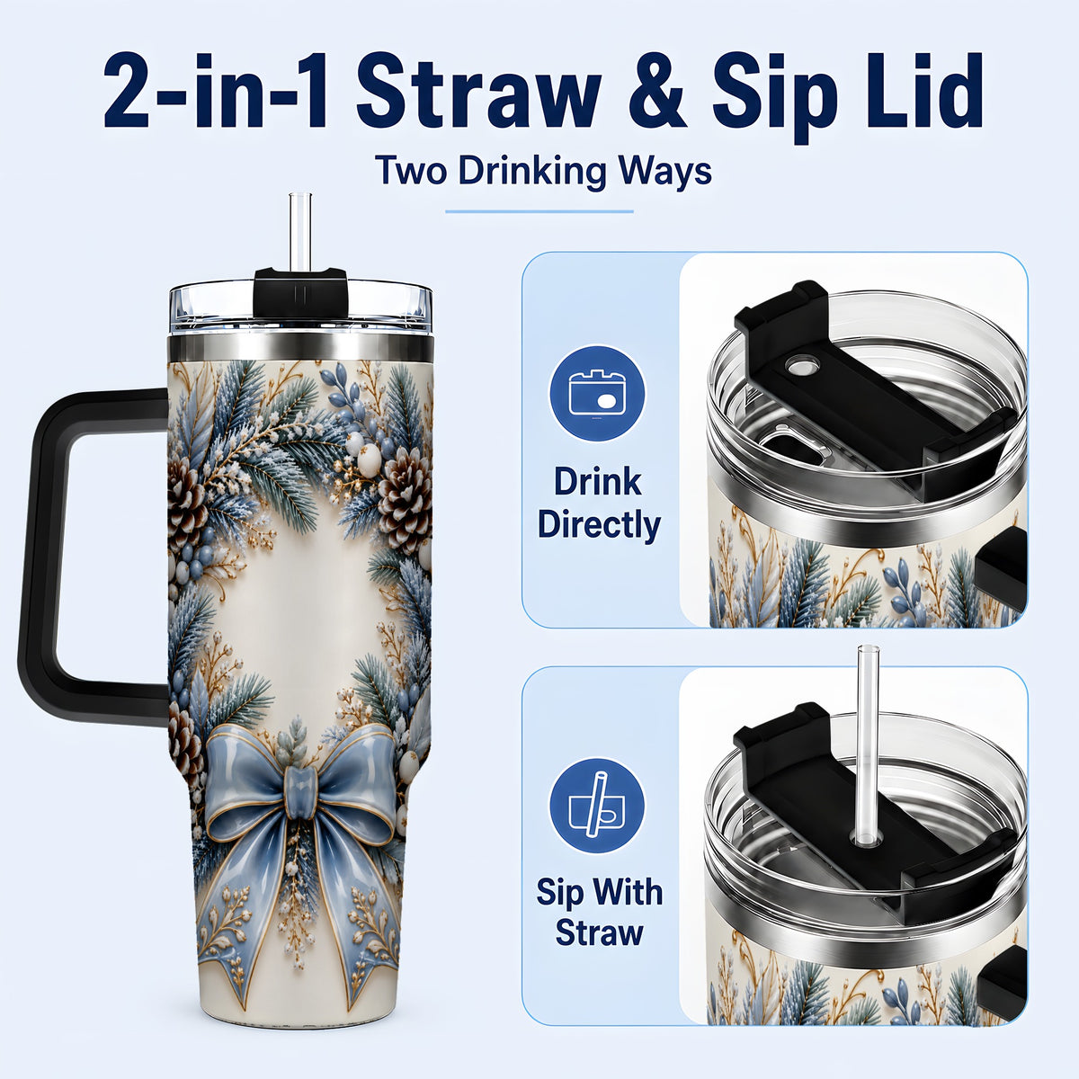 #pl[40oz|Black] Blue Winter Wreath 40oz Tumbler with Handle, Frosted Botanical Art