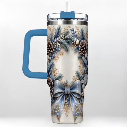 #pl[40oz|Blue] Blue Winter Wreath 40oz Tumbler with Handle, Frosted Botanical Art