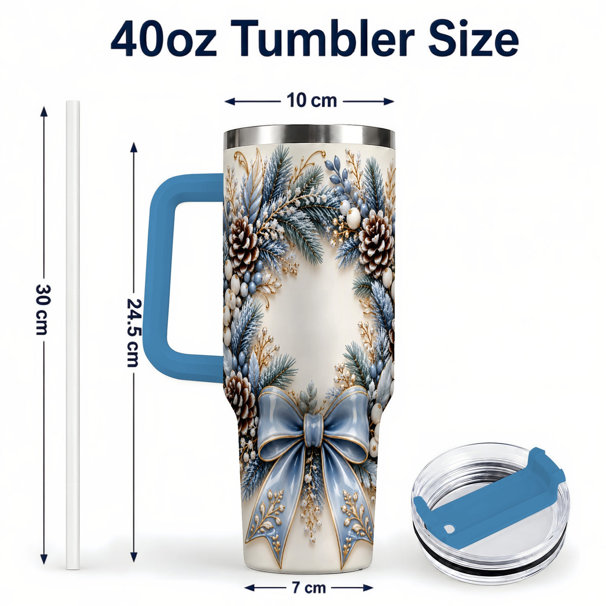 #pl[40oz|Blue] Blue Winter Wreath 40oz Tumbler with Handle, Frosted Botanical Art