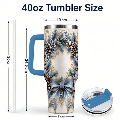 #pl[40oz|Blue] Blue Winter Wreath 40oz Tumbler with Handle, Frosted Botanical Art